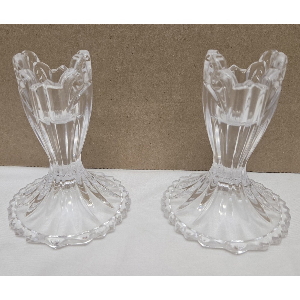 Pair Of Oneida Crystal Glass Clear Console Candlesticks Augustina 3.5" Tall